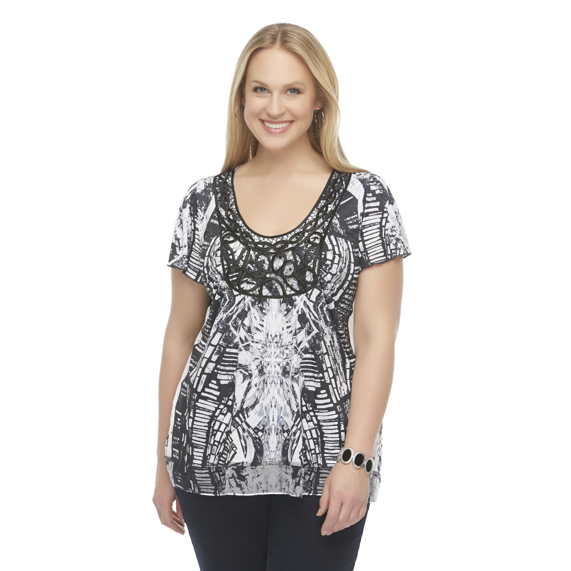 Live and Let Live Women's Plus Crochet Front Tunic - Abstract Print