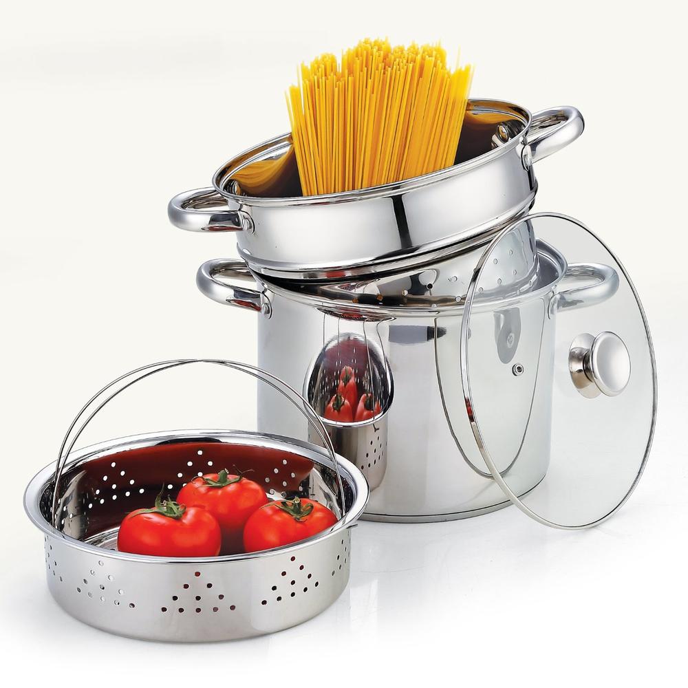 Cook N Home Stainless Steel 4-Piece Pasta Cooker Steamer Multipots with Encapsulated Bottom, 8-Quart