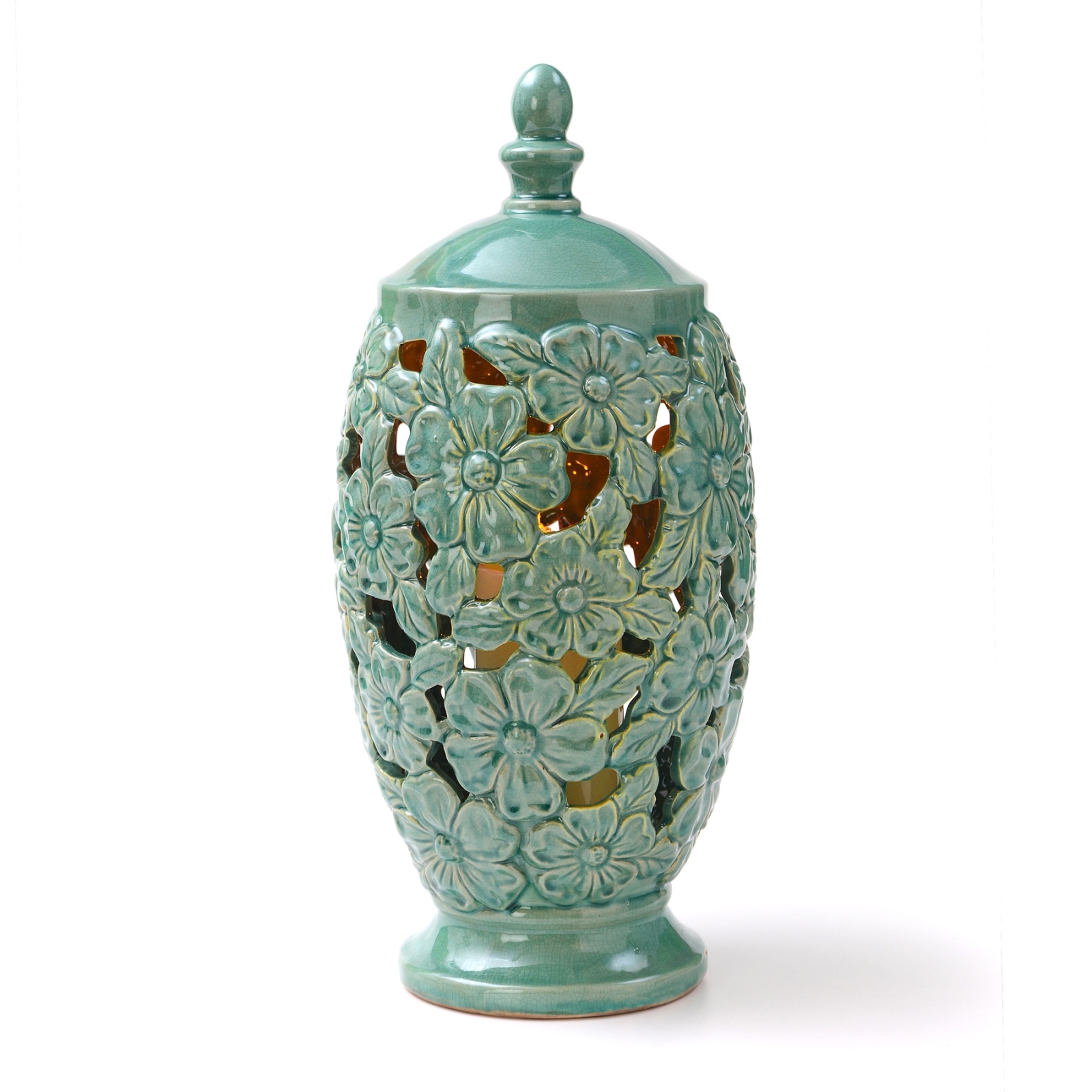 CandleTEK 17" Ceramic Floral Vase w/ Flameless Candle Green