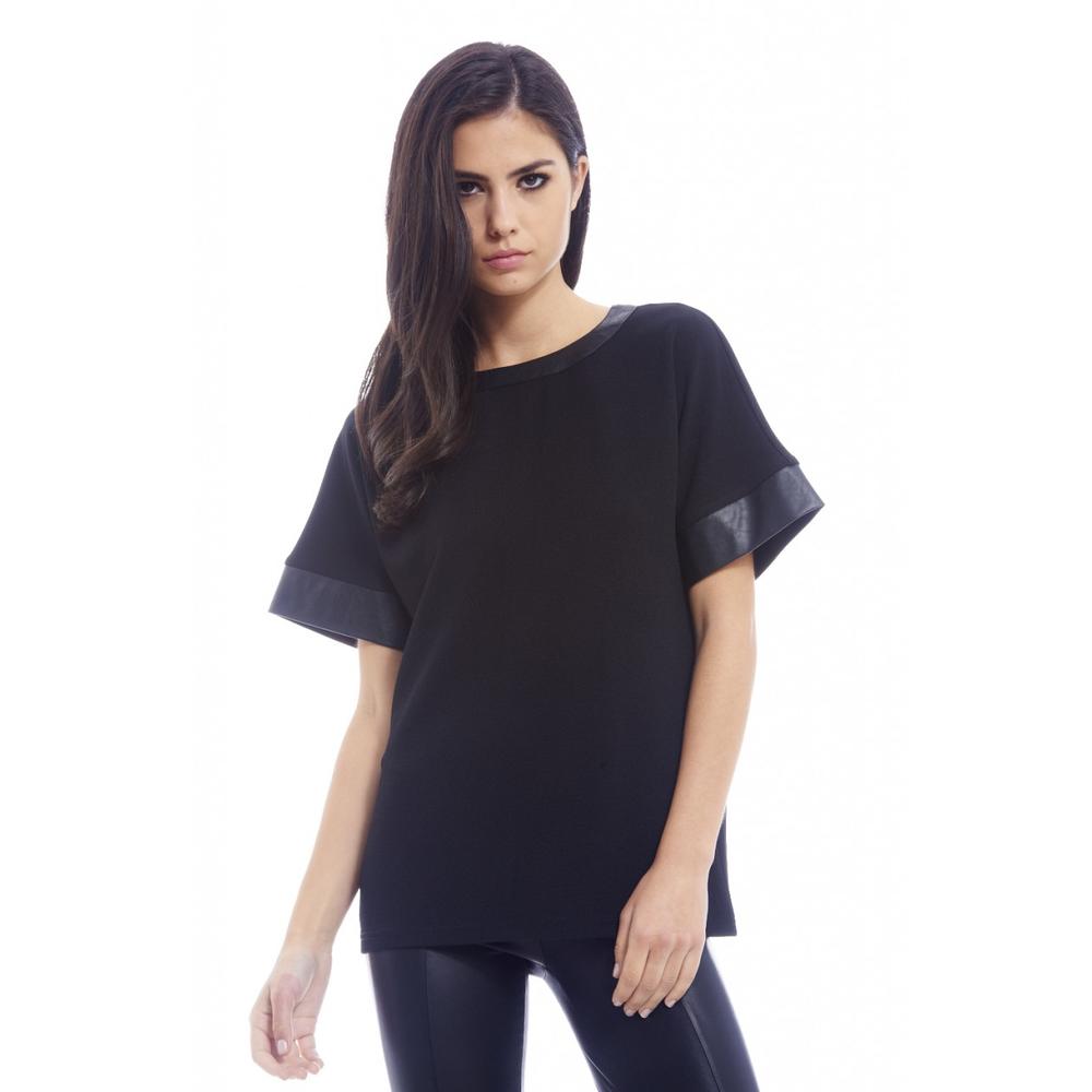 AX Paris Women's Pu Trim  Over Sized T Shirt  Black Top - Online Exclusive