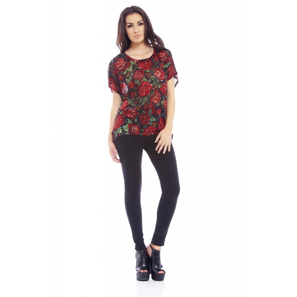 AX Paris Women's Printed Rose Over Sized Red Top - Online Exclusive