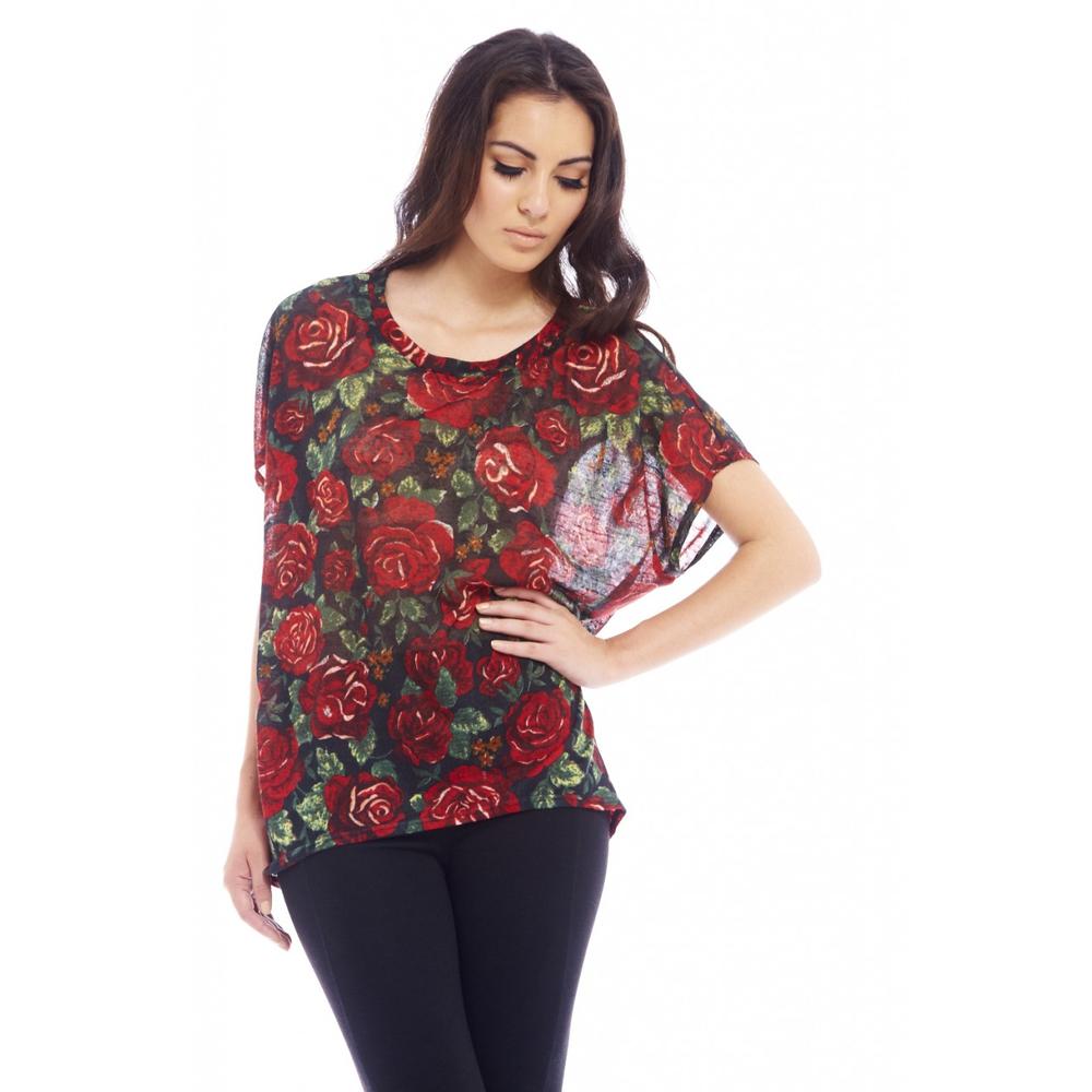 AX Paris Women's Printed Rose Over Sized Red Top - Online Exclusive