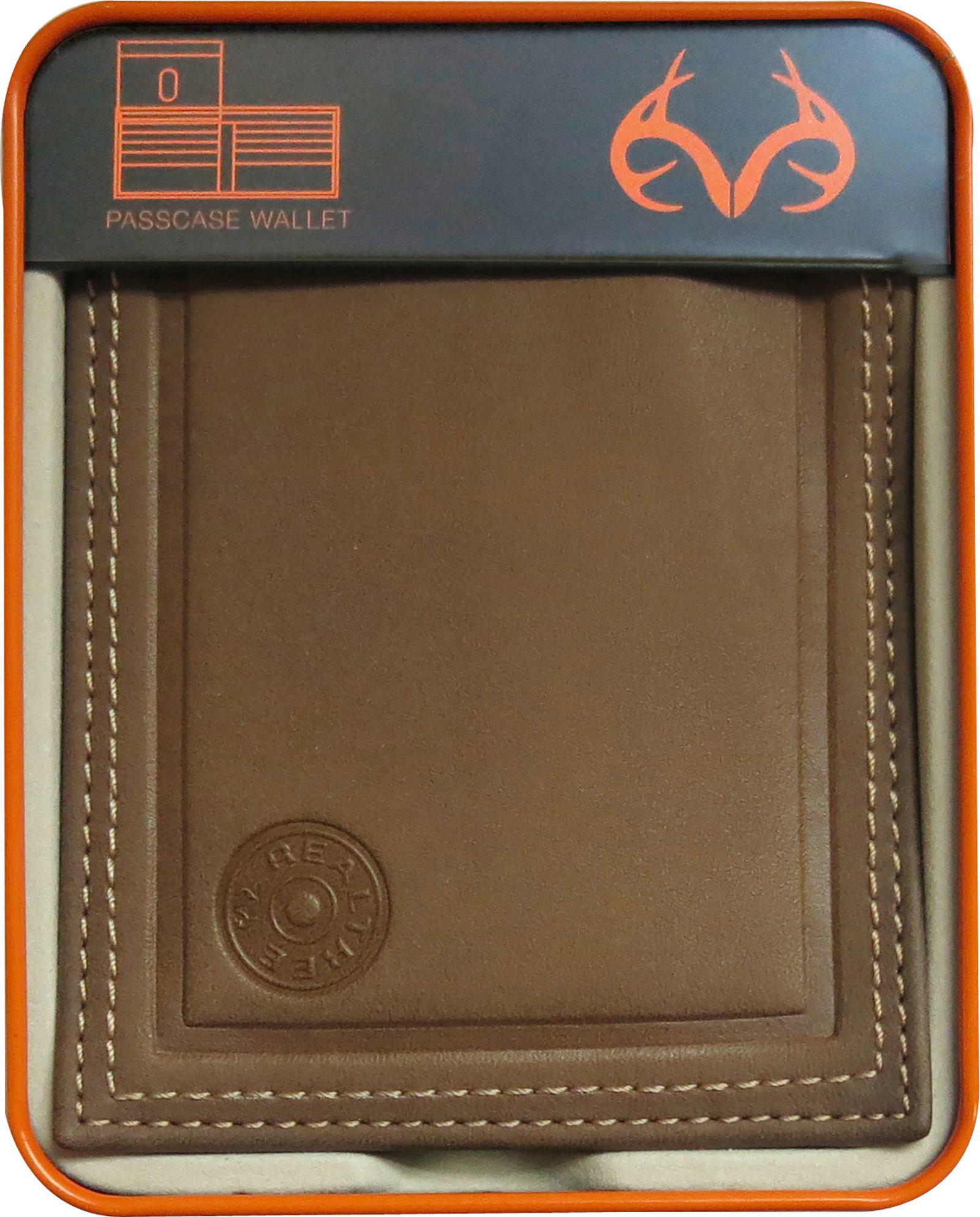 Realtree Double contrast Stitched tan leather Passcase wallet with Embossed shot shell logo