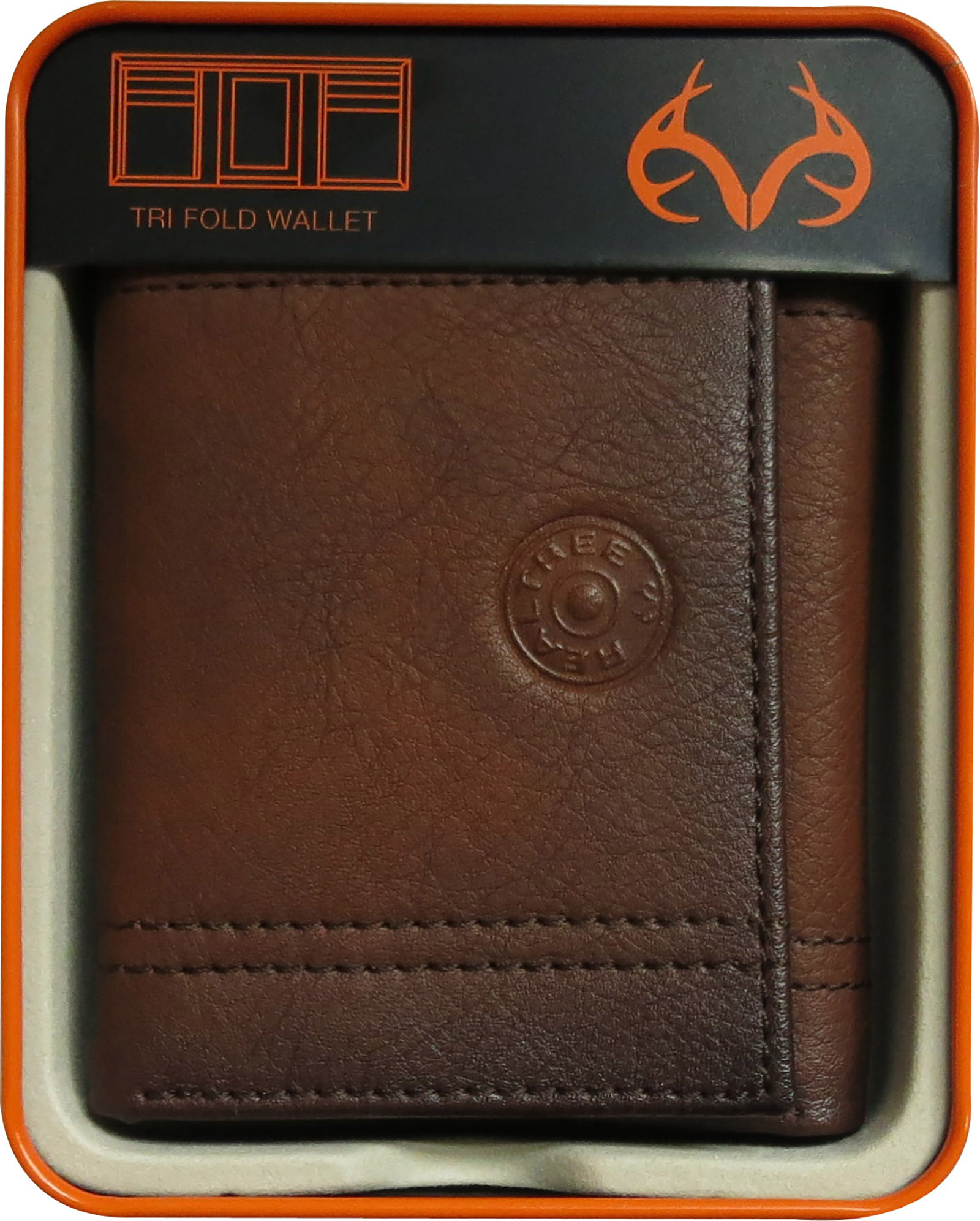Realtree Tri fold double stitched brown leather wallet with embossed shot shell logo