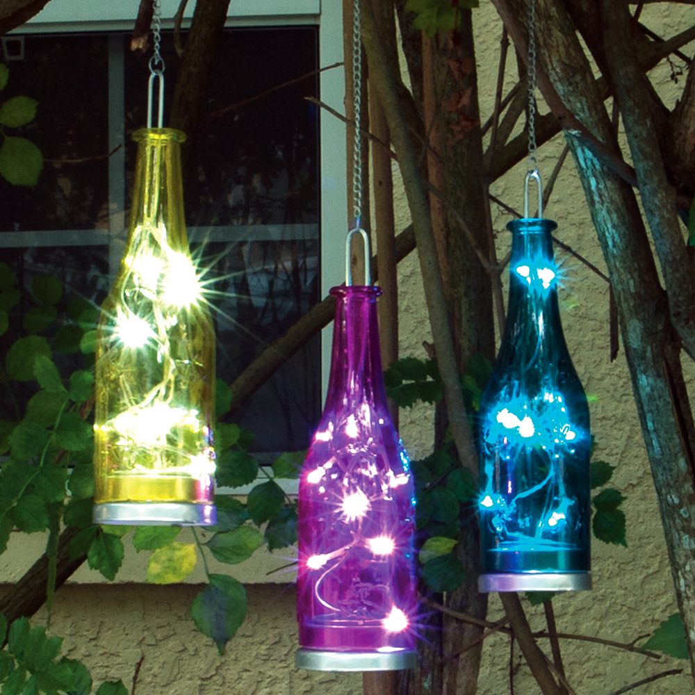 Smart Solar Fiesta Hanging Glass Embossed Bottles with LEDs, 3/pk