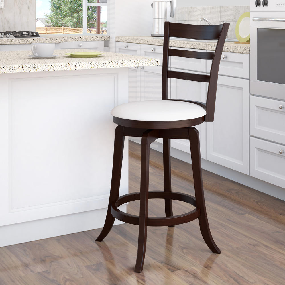 CorLiving Woodgrove Three Bar Design 38" Wood Barstool in Espresso and White Leatherette