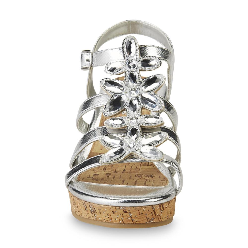 WonderKids Girl's Ferris Silver Jeweled Wedge Sandal