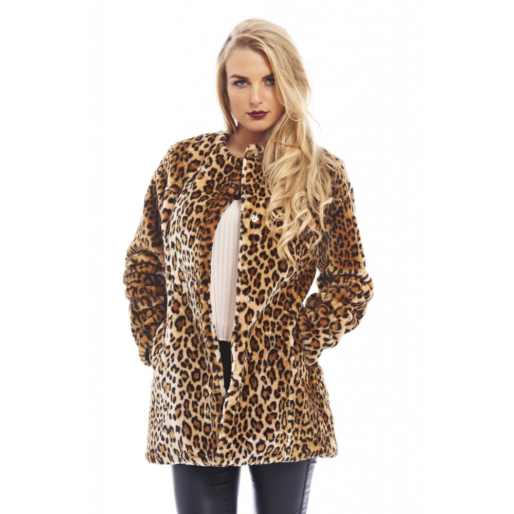 AX Paris Women's Light Leopard Style Fur  Black Coat - Online Exclusive