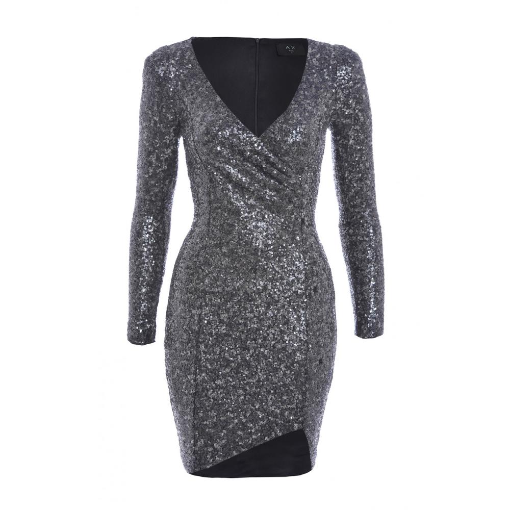 AX Paris Women's Long Sleeve Wrap Front Sequin Covered  Grey Bodycon - Online Exclusive