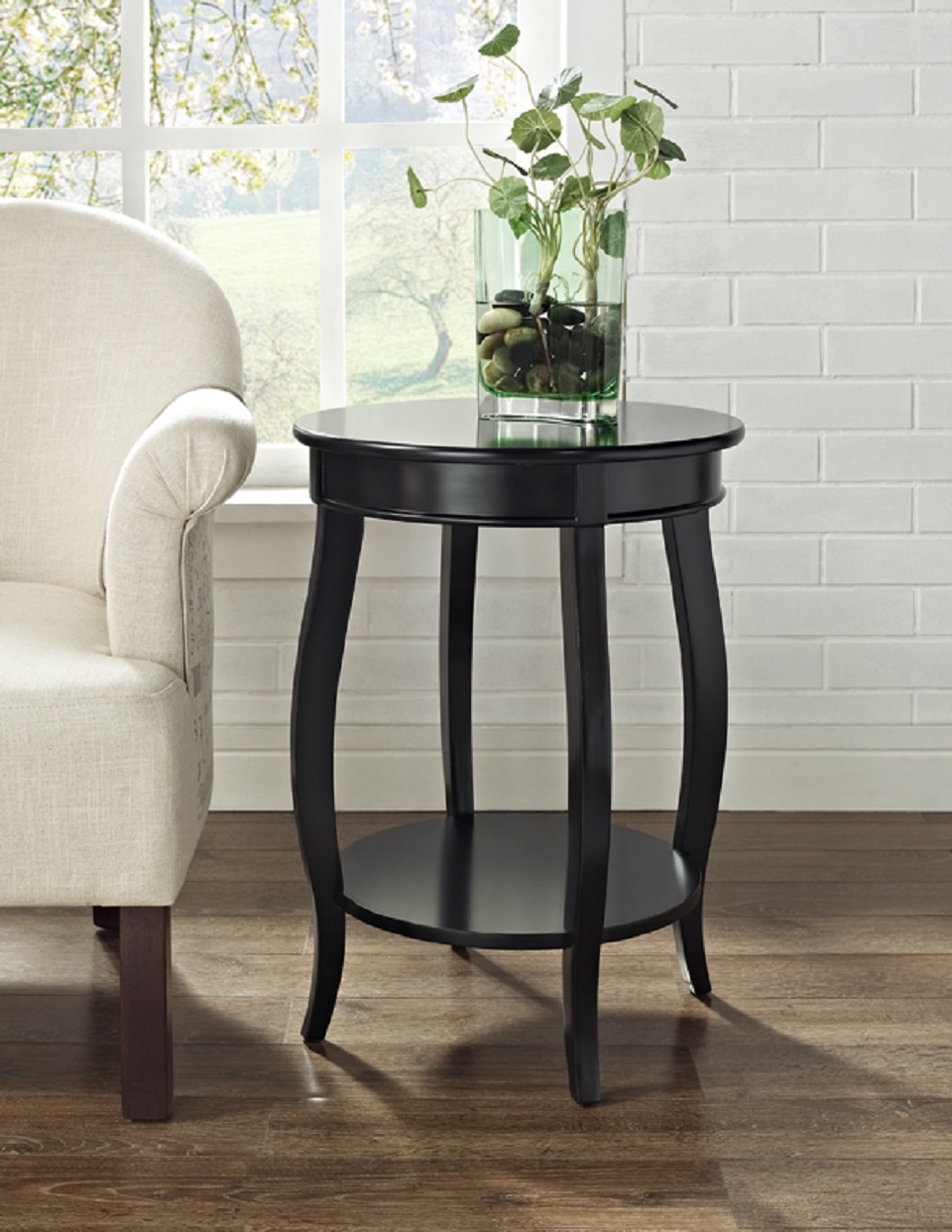 L Powell Black Round Table with shelf