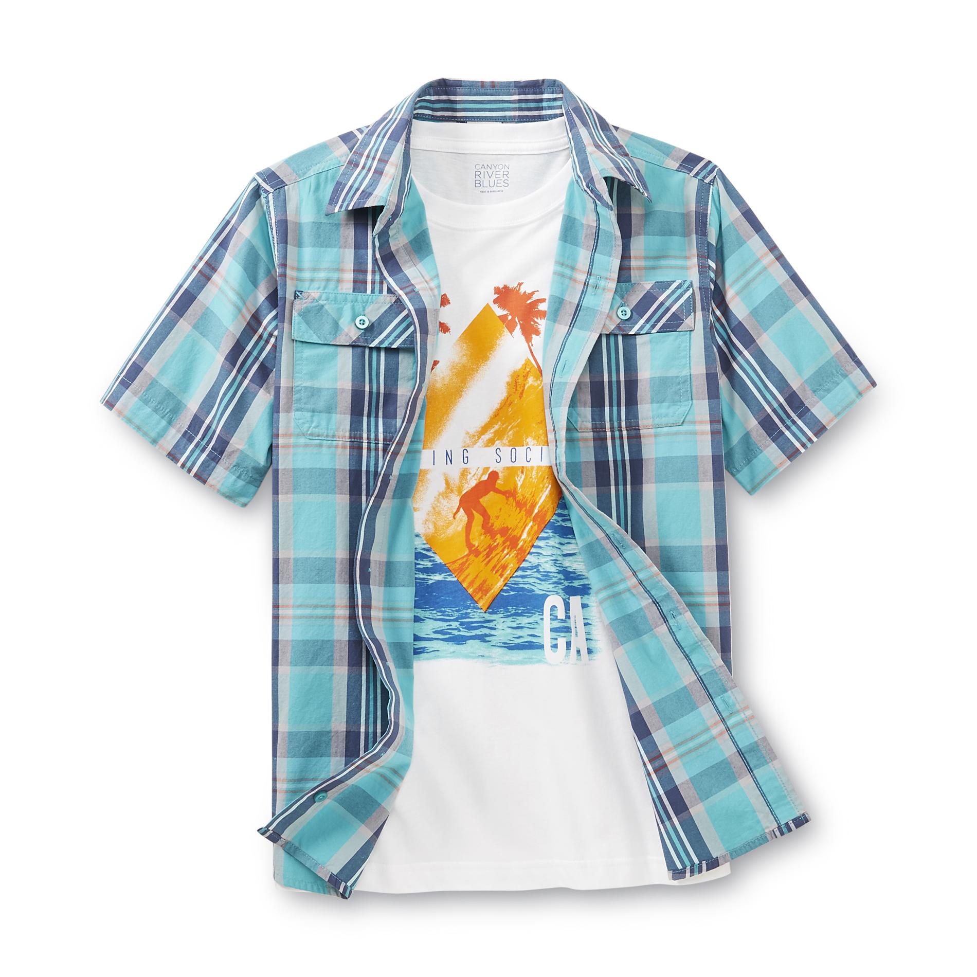 Canyon River Blues Boy's Button-Front Shirt & T-Shirt - Plaid & Surfing