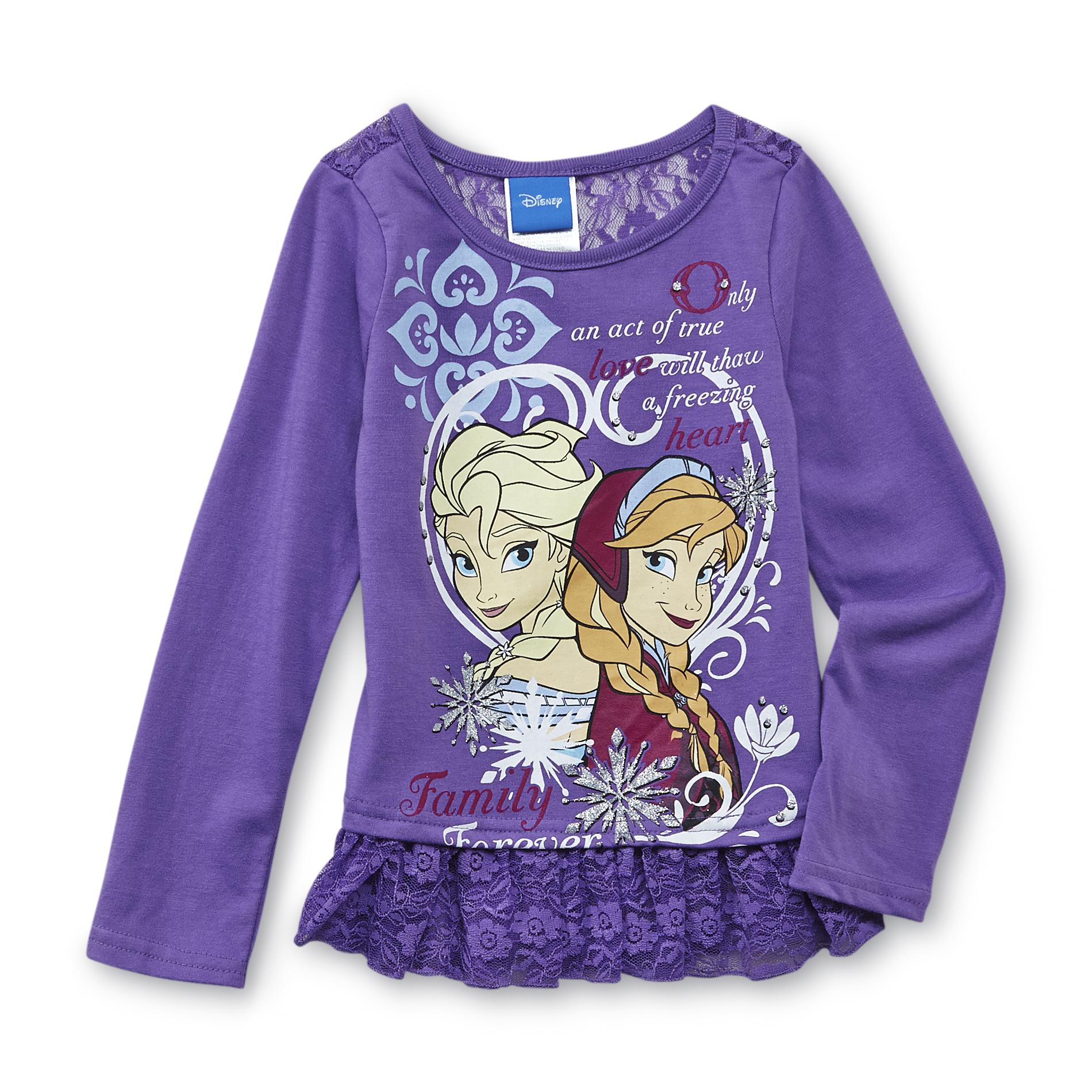 Disney Frozen Girl's Lace Trim Graphic T-Shirt - Elsa & Anna