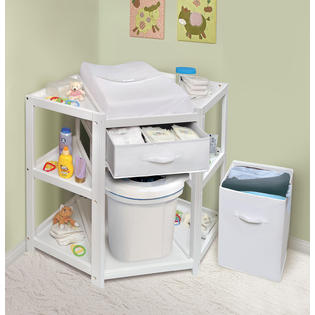 White changing best sale table with hamper