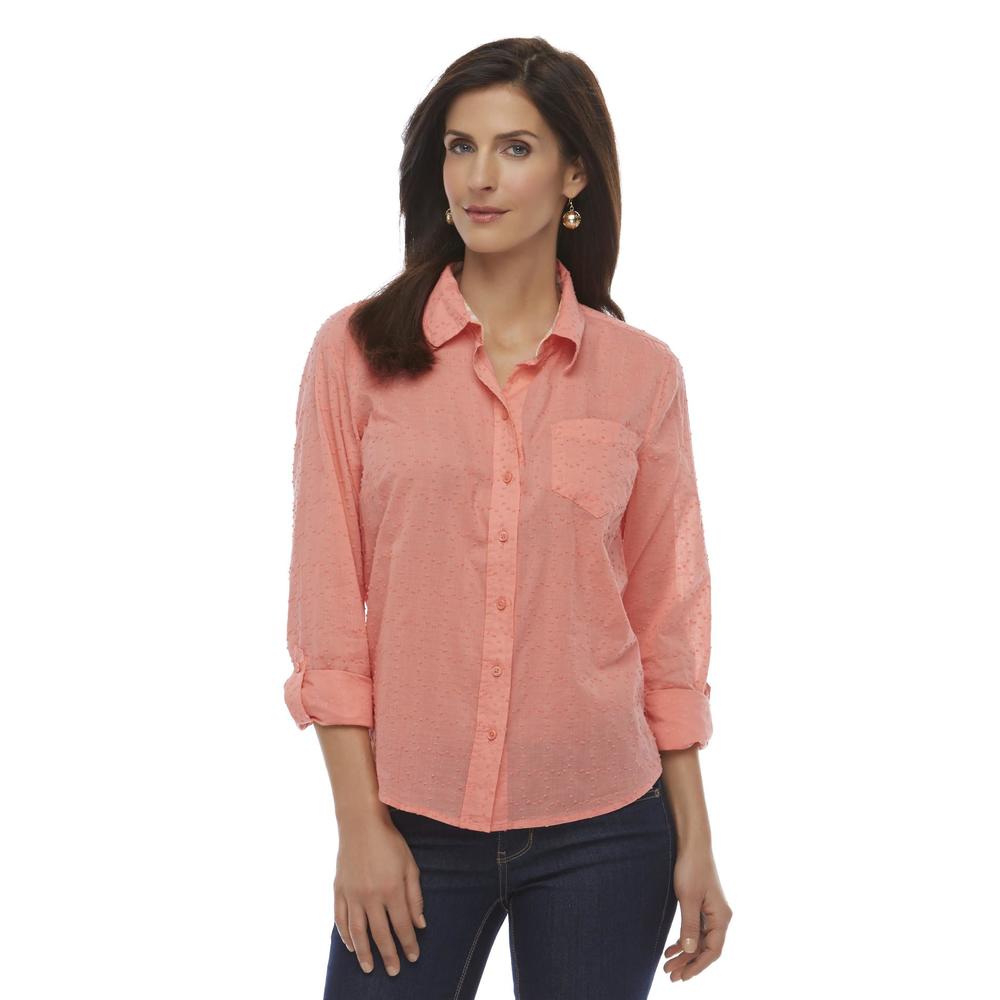 Basic Editions Women's Button-Front Shirt - Swiss Dot