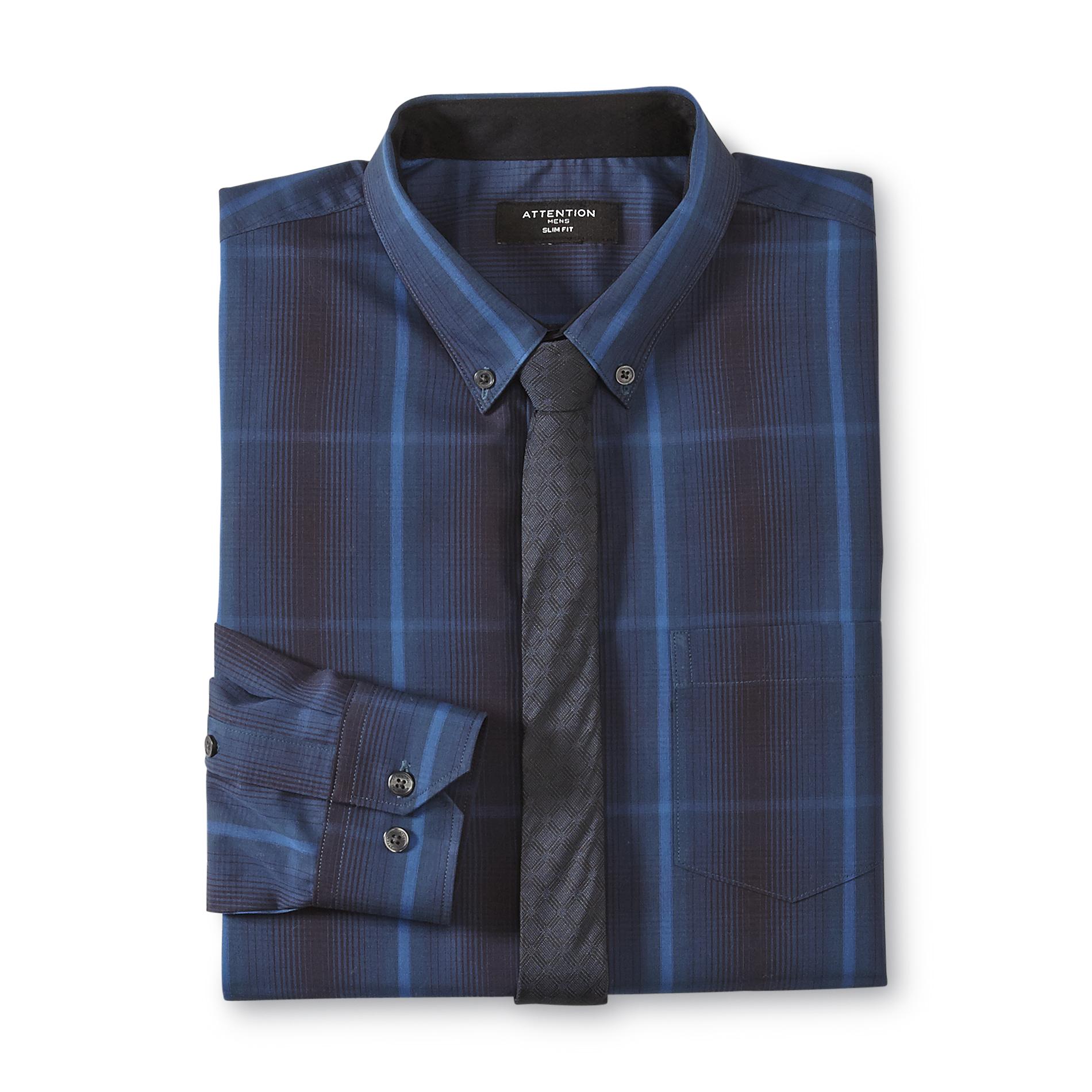 Attention Men's Slim Fit Dress Shirt & Necktie - Plaid