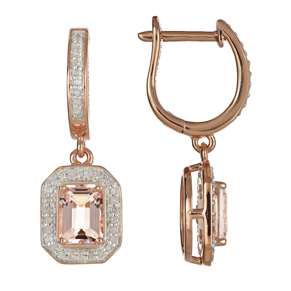 Rose-plated sterling silver morganite and diamond halo dangle earrings