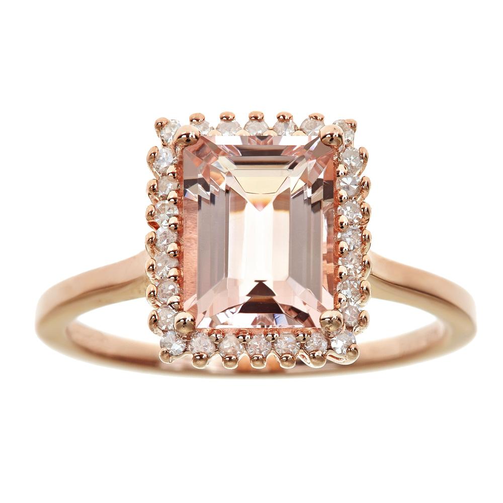 Rose plated sterling silver morganite and diamond halo ring