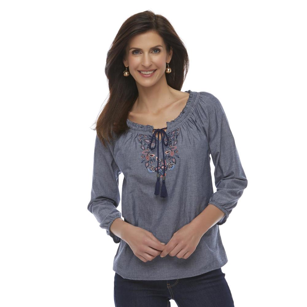Basic Editions Women's Chambray Peasant Top
