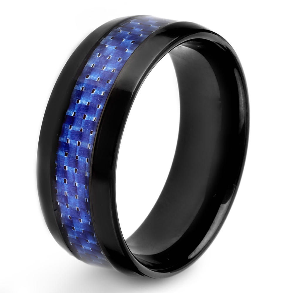 Crucible Black Plated Stainless Steel Blue Carbon Fiber Inlay Ring