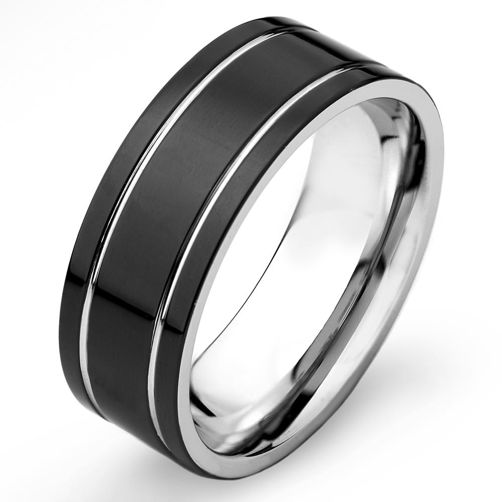 West Coast Jewelry Black Plated Stainless Steel Flat Band Dual Grooved Ring