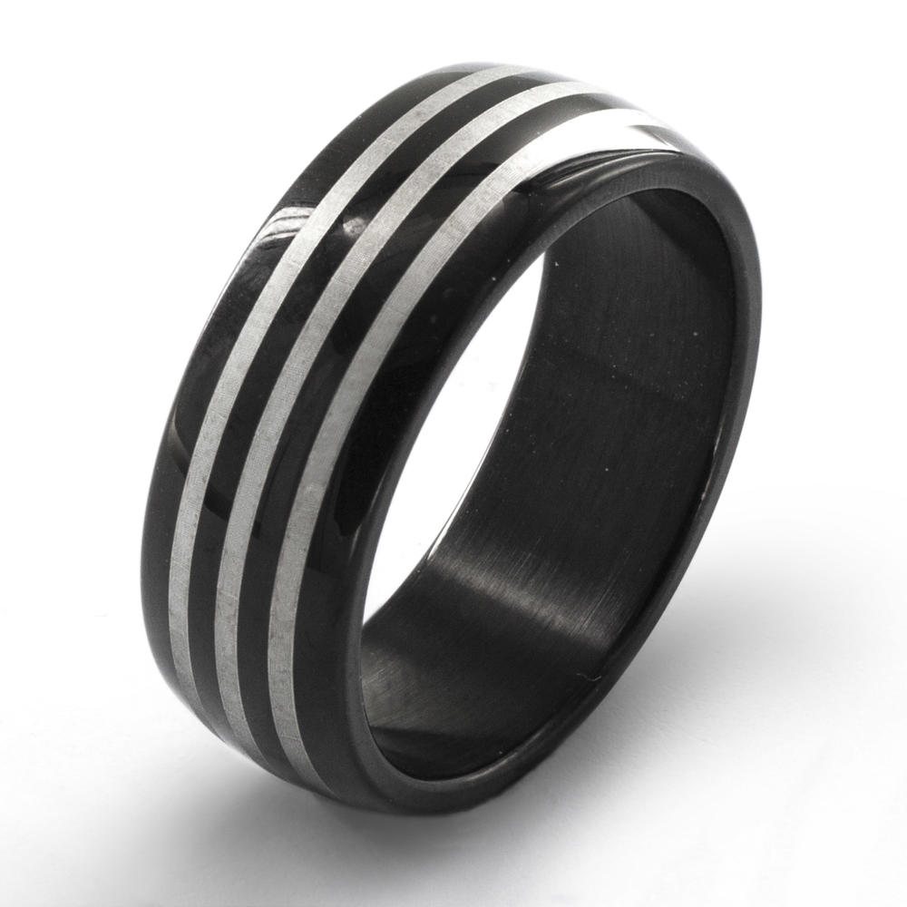 West Coast Jewelry Men's Black Plated Stainless Steel Etched Triple Striped Ring