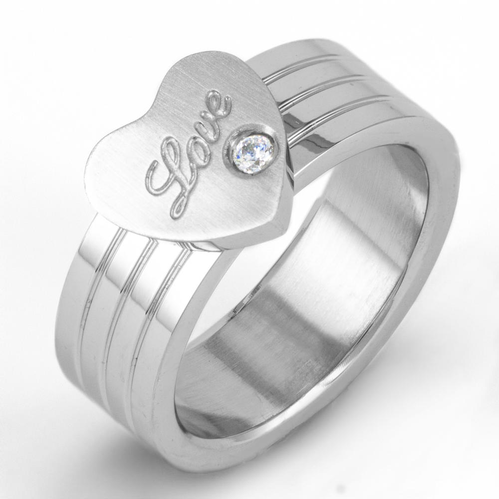 West Coast Jewelry Stainless Steel "Love" Heart with Cubic Zirconia Ring