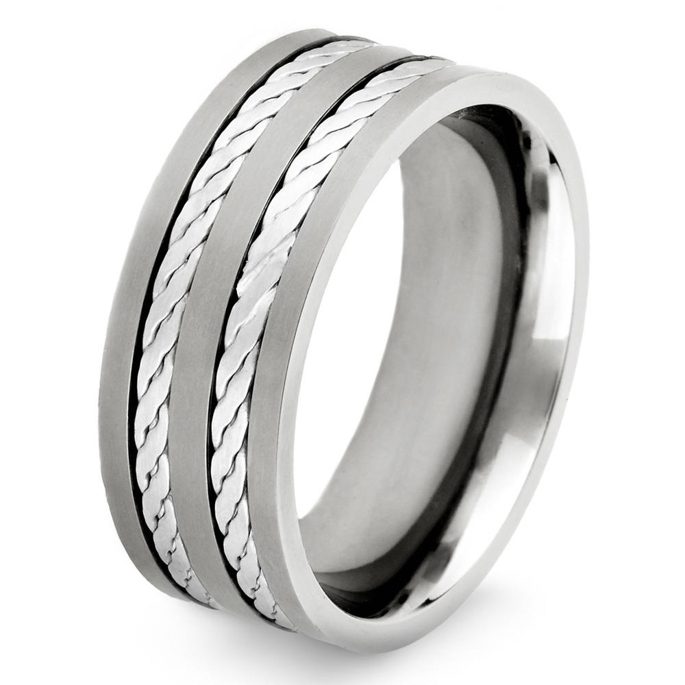 Crucible Titanium Double Silver Rope Inlay Flat Edge Ring