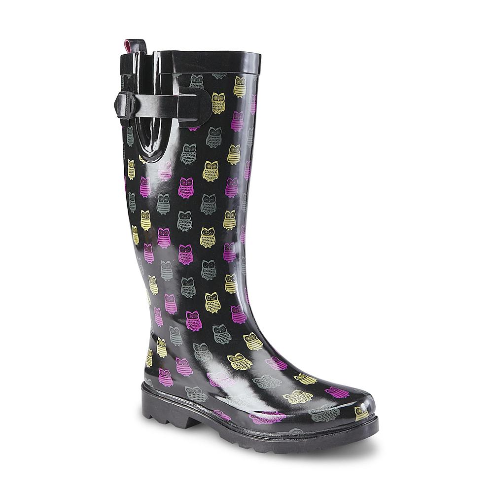 &nbsp; Women's 12" Black/Pink Rain Boot - Owl Print