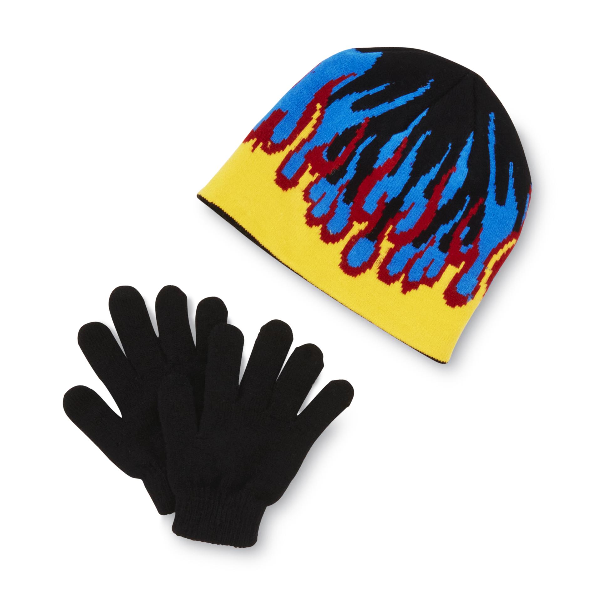 Athletech Boy's Knit Beanie Hat & Gloves - Flames