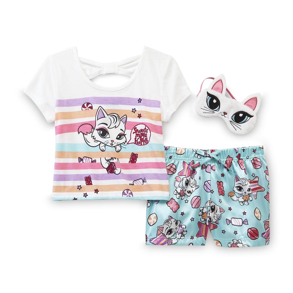 Joe Boxer Girl's Pajama Top  Shorts & Eye Mask - Kitten