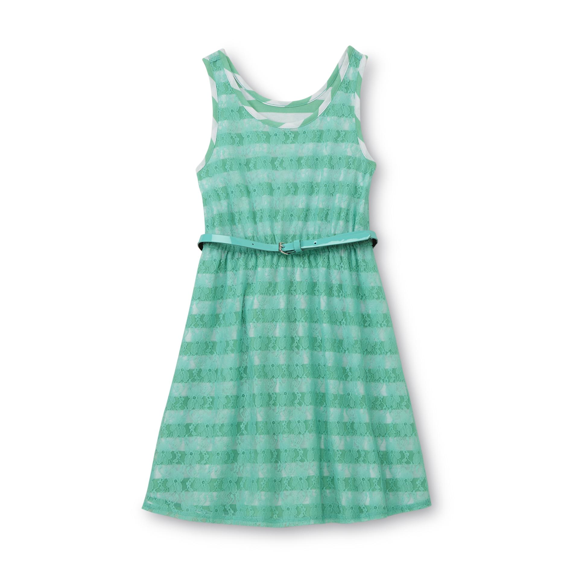 Route 66 Girl's Sleeveless Lace Dress & Belt - Striped