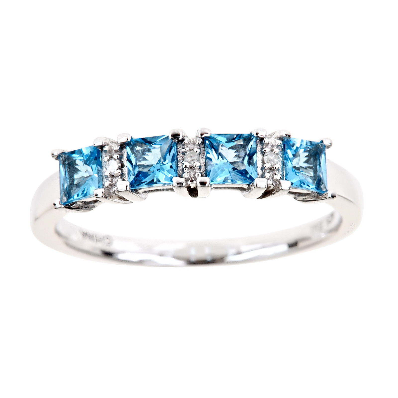 Ladies Sterling Silver 4 Stone Blue Topaz and Diamond Accent Ring