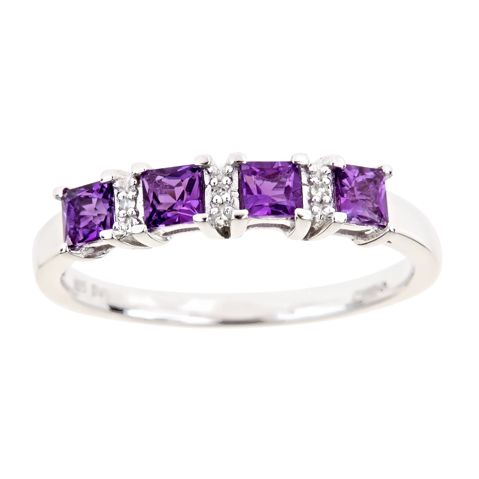 Ladies Sterling Silver 4 Stone Amethyst and Diamond Accent Ring