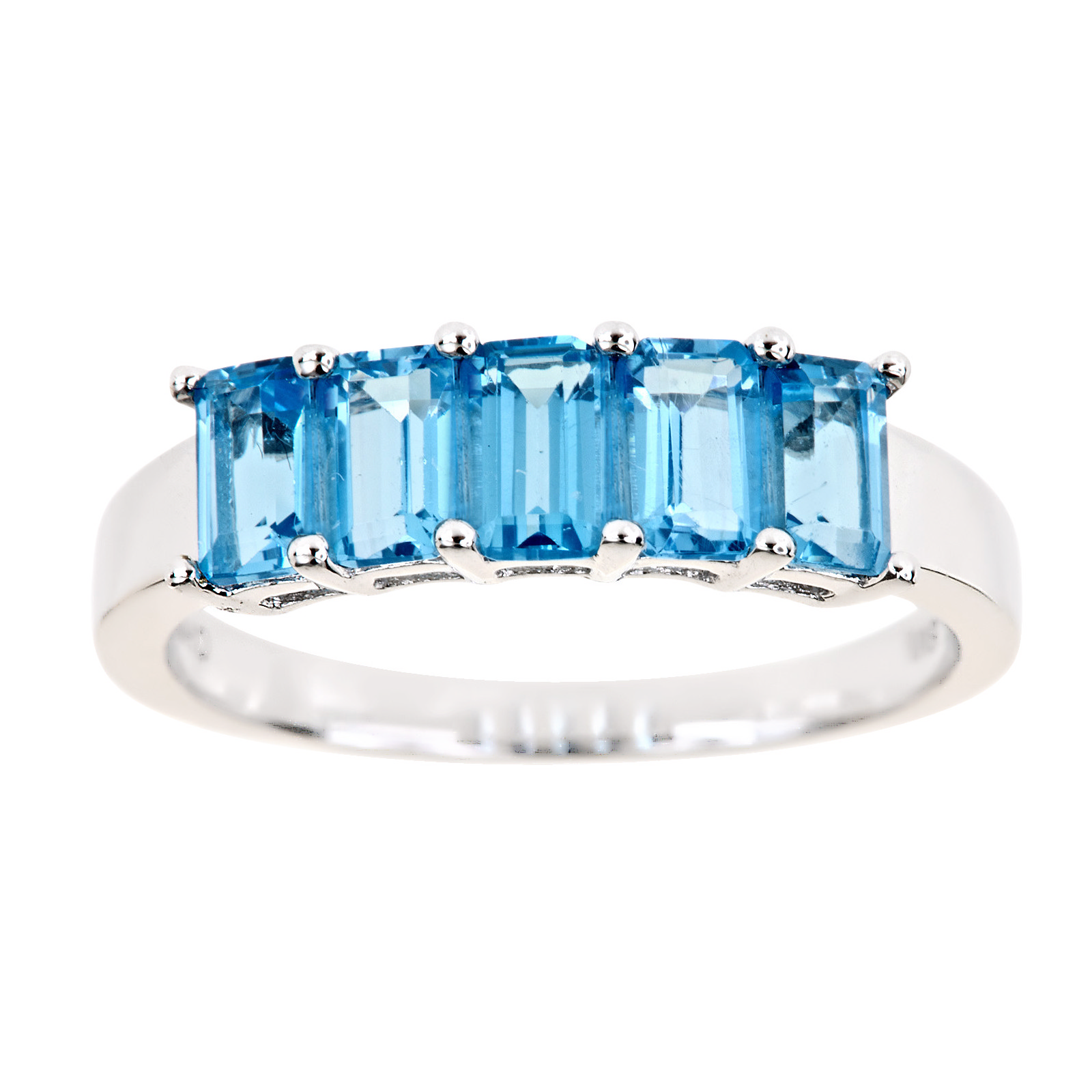 Ladies Sterling Silver 5 Stone  Emerald Cut Blue Topaz Ring