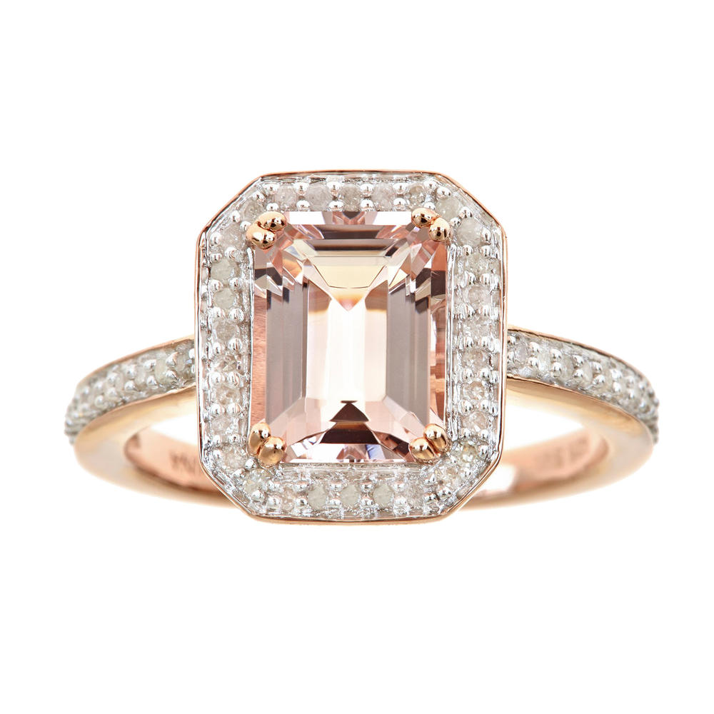 Rose plated sterling silver morganite and diamond halo ring