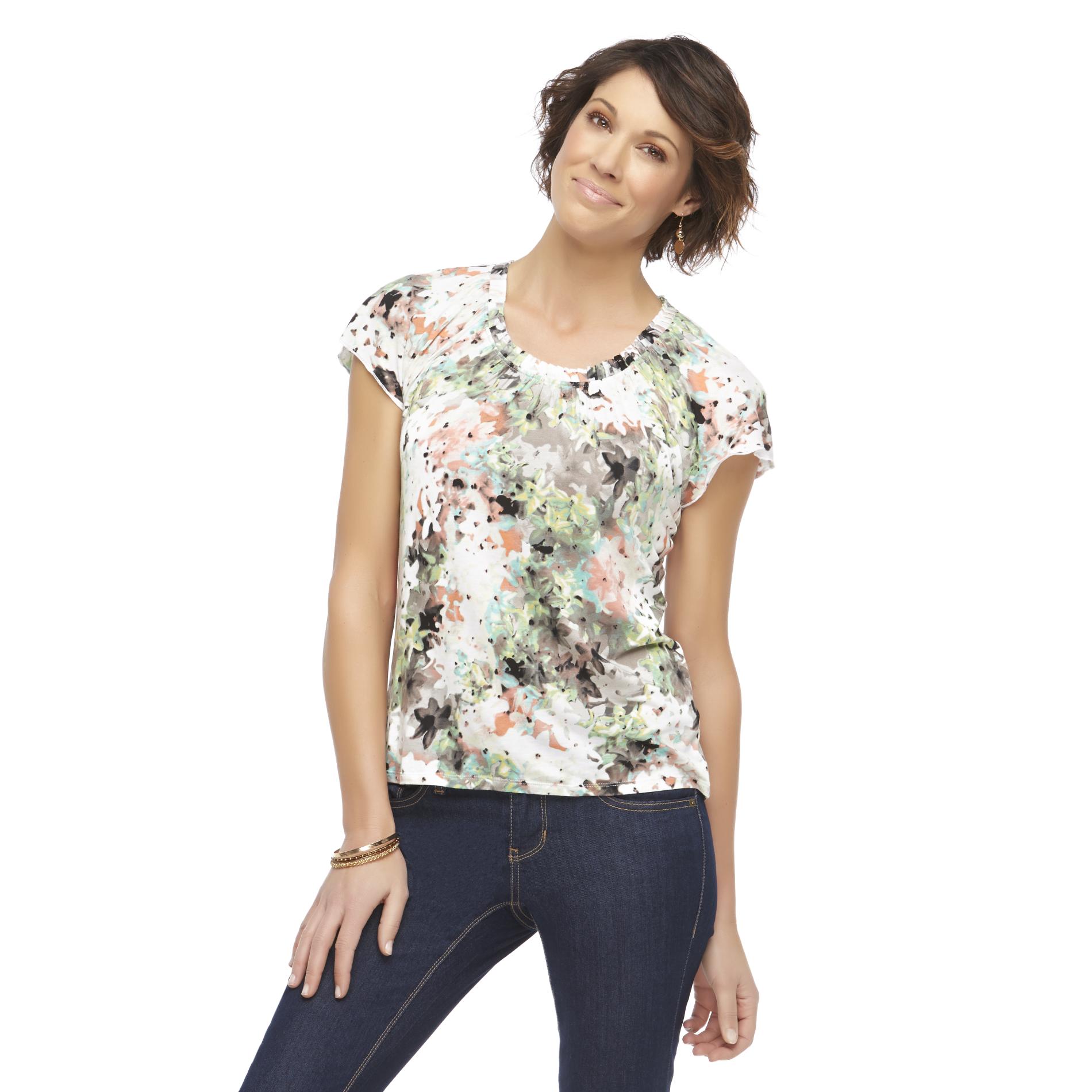 Jaclyn Smith Women's Pleated Top - Watercolor Floral Print