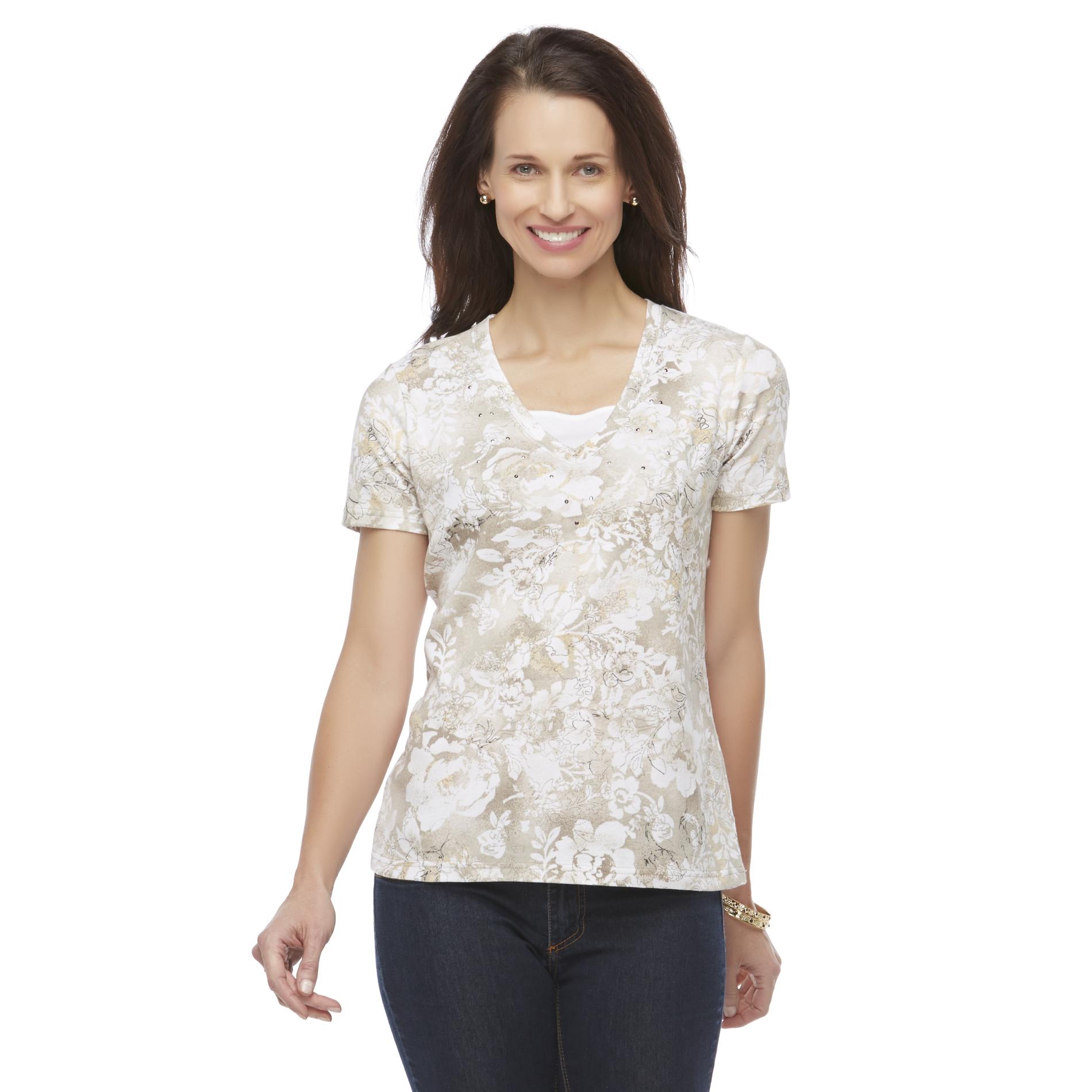 Basic Editions Women's Layered-Look Embellished Top - Floral