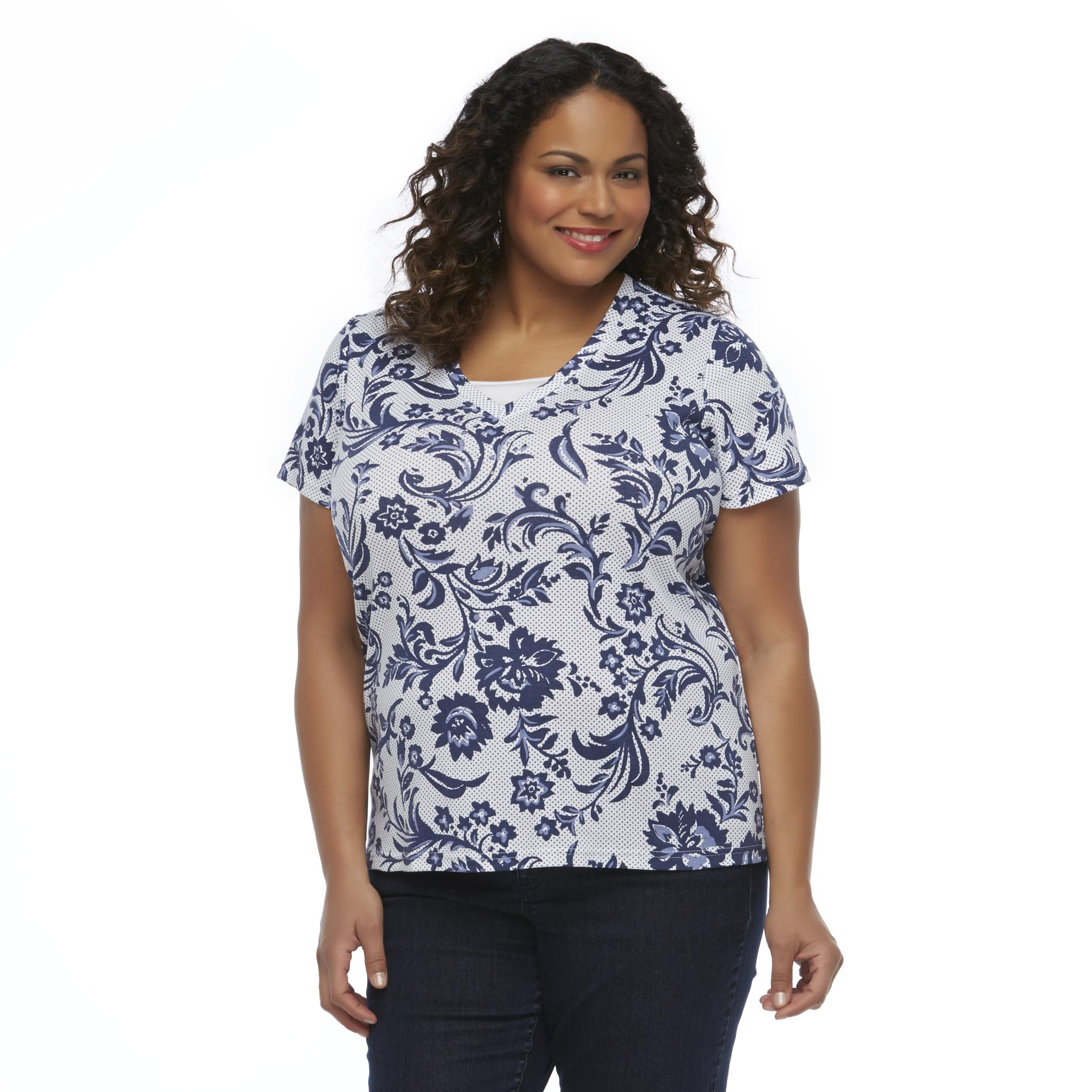 Basic Editions Women's Plus Layered-Look Embellished Top - Floral
