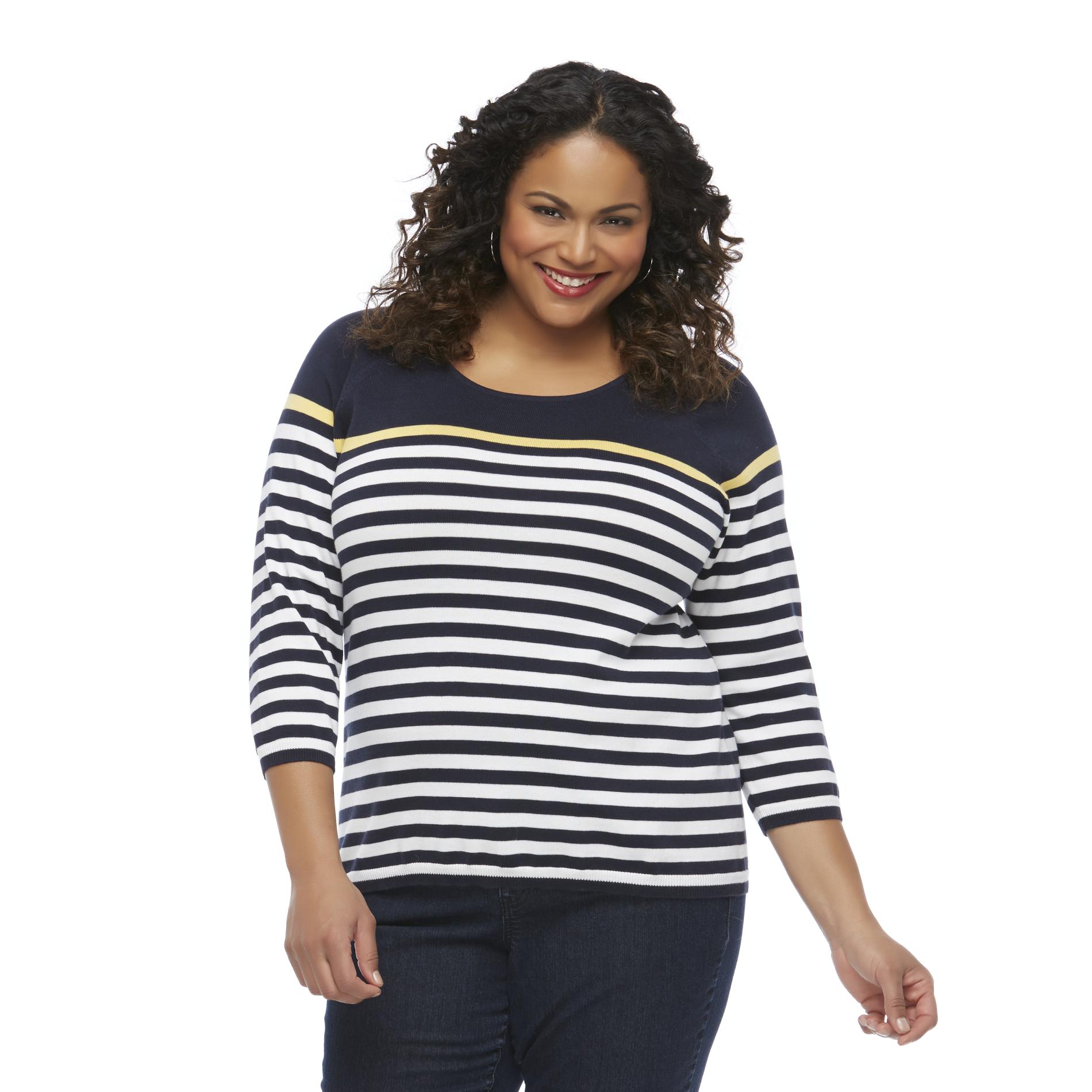 Basic Editions Women's Plus Scoop Neck Sweater - Striped
