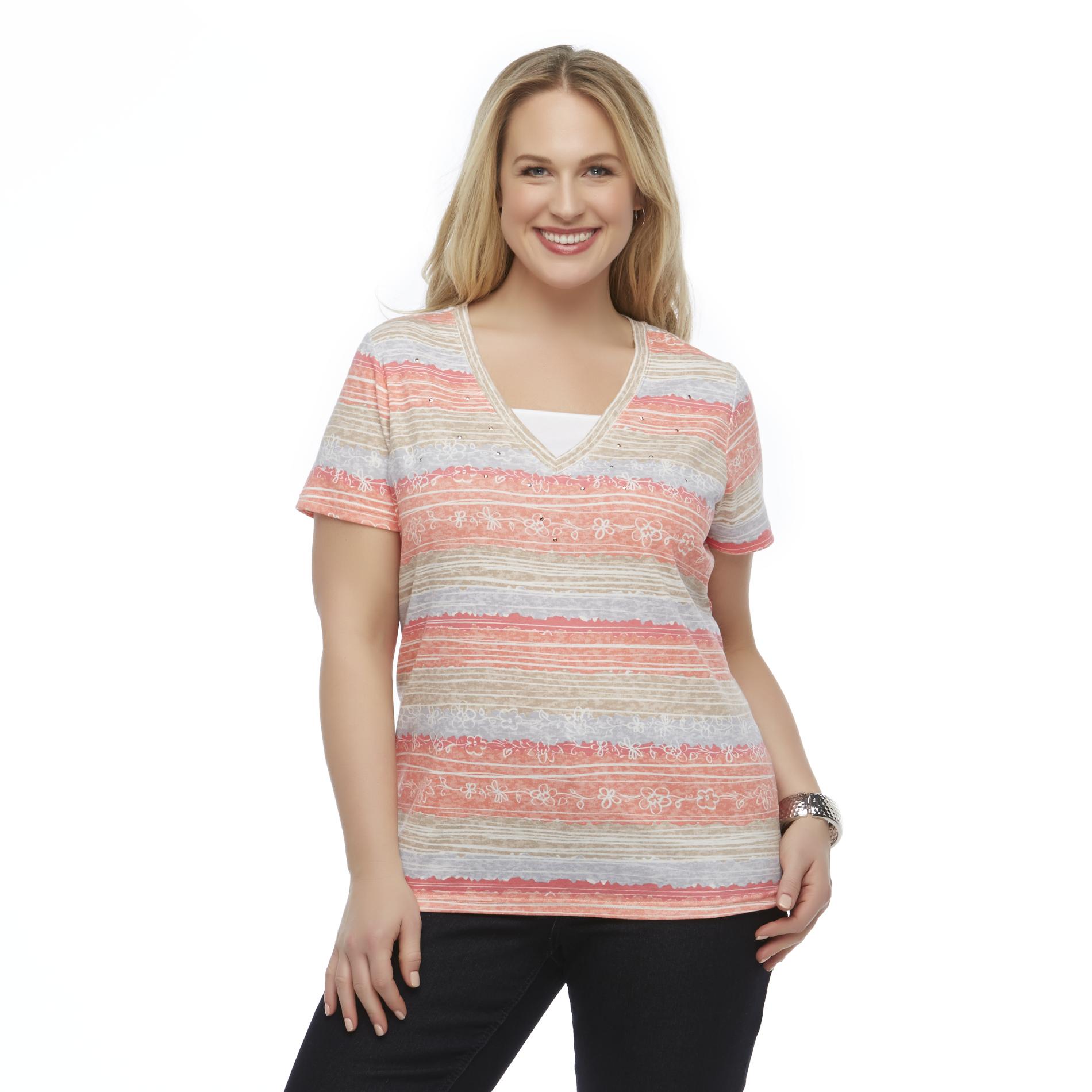 Basic Editions Women's Plus Layered-Look Embellished Top - Striped Floral