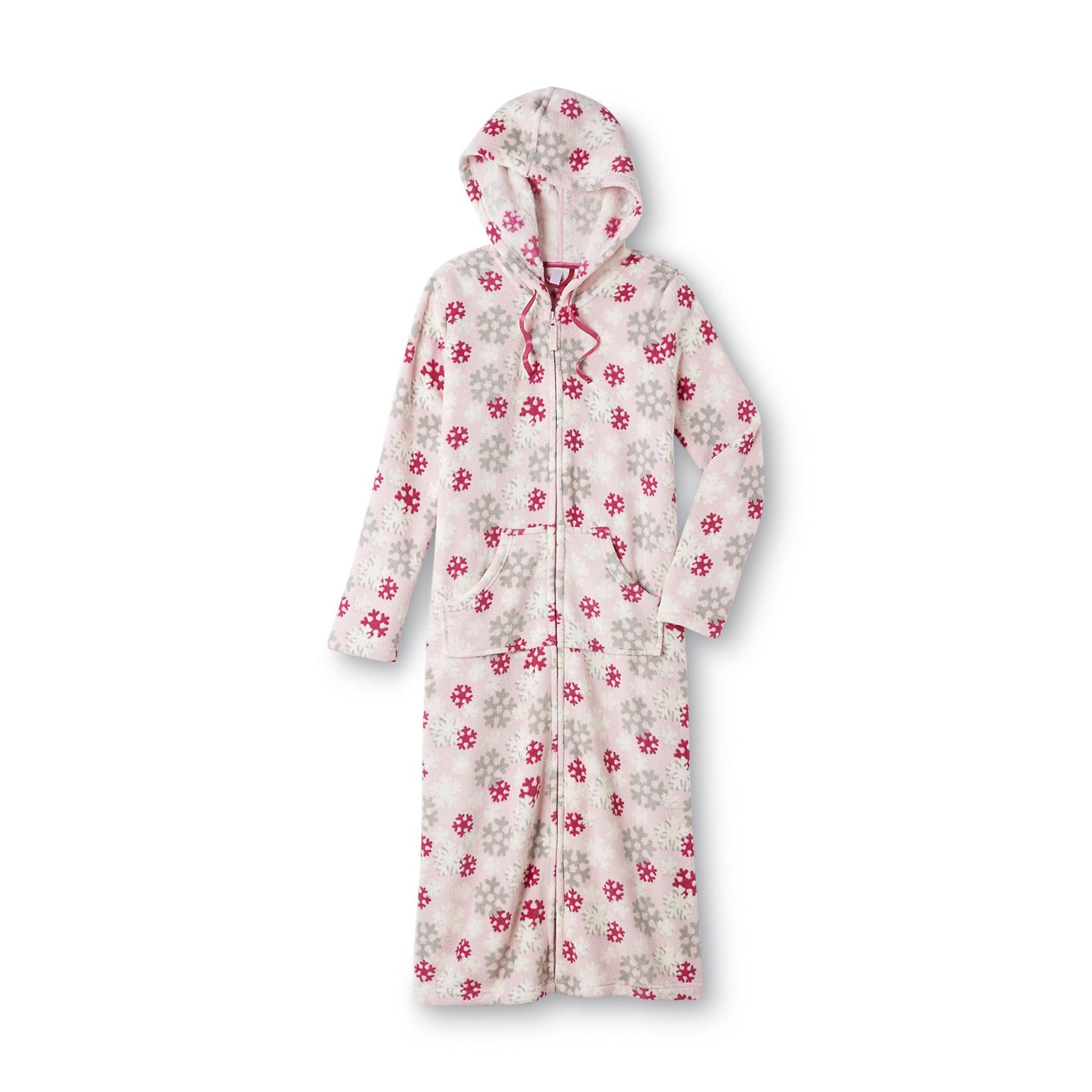 Pink K Women's Hooded Plush Robe - Snowflakes