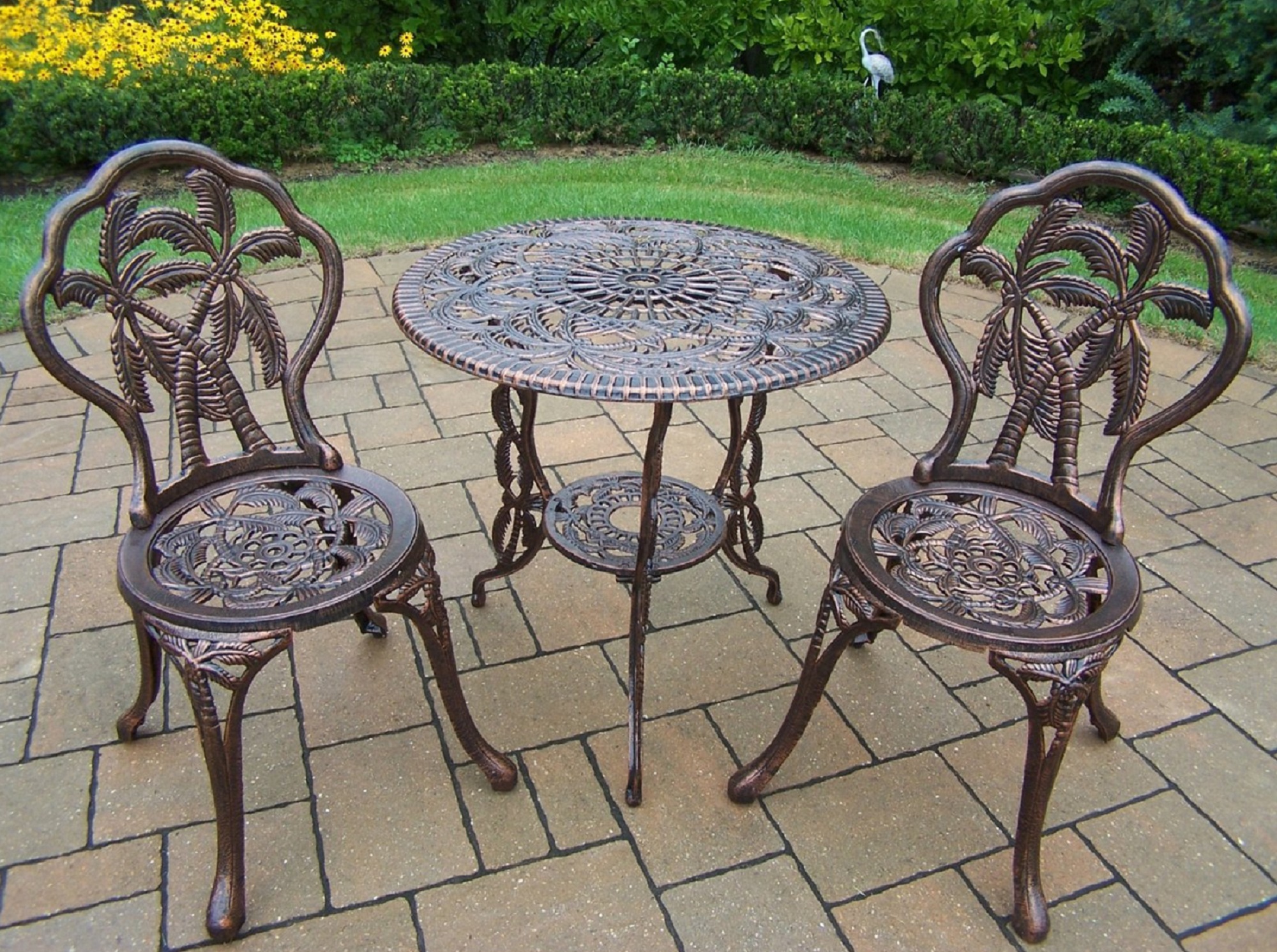Oakland Living Palm Tree 3pc Patio Bistro Set With Cast Aluminum Table Top