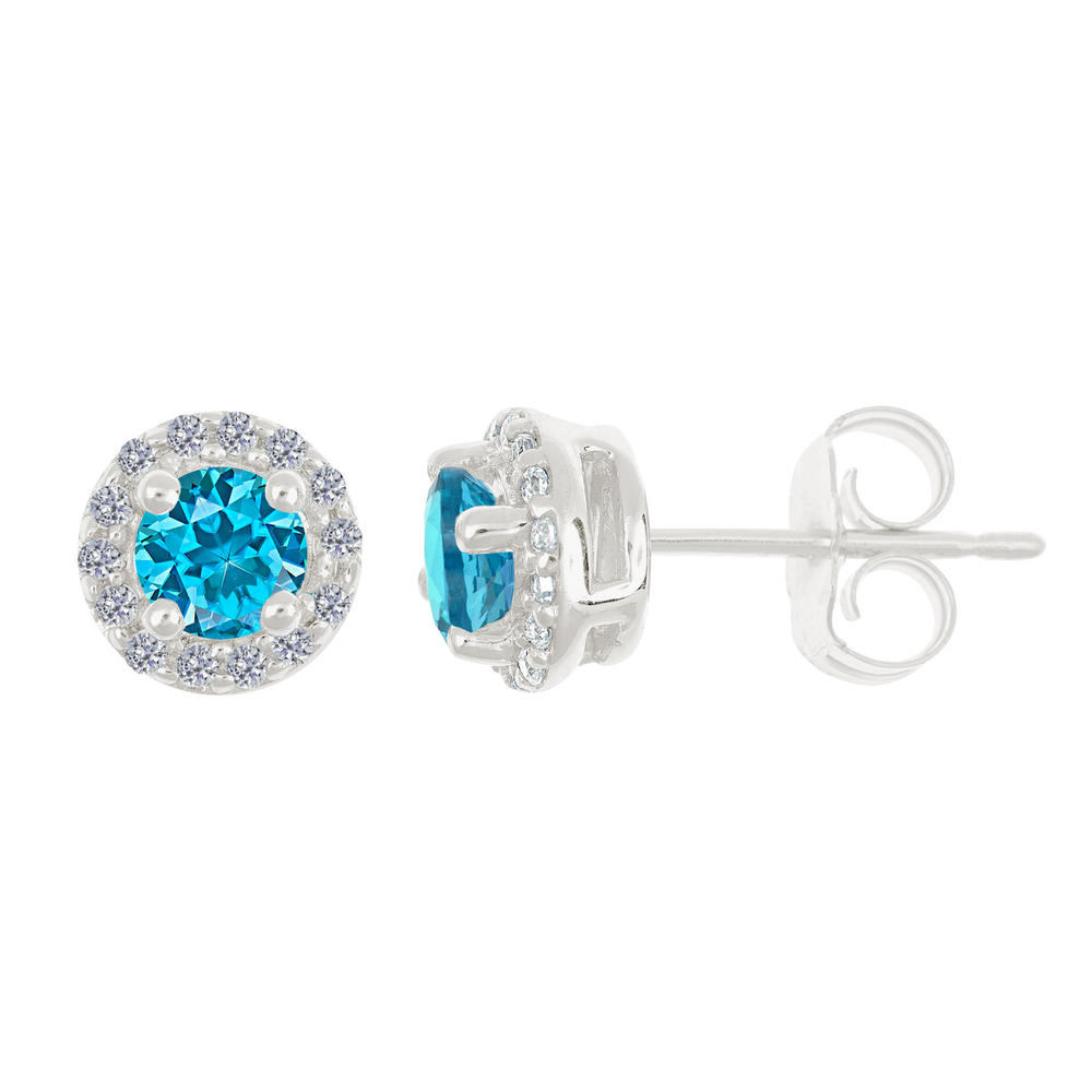 New York City Diamond District 14k gold 4mm round blue zircon with 1/8 cttw diamond halo earrings