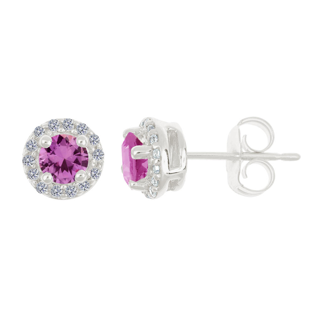 New York City Diamond District 14k gold 4mm round pink sapphire with 1/8 cttw diamond halo earrings