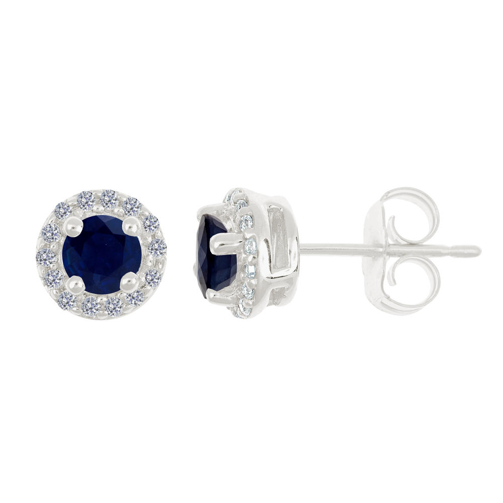 New York City Diamond District 14k gold 4mm round blue sapphire with 1/8 cttw diamond halo earrings