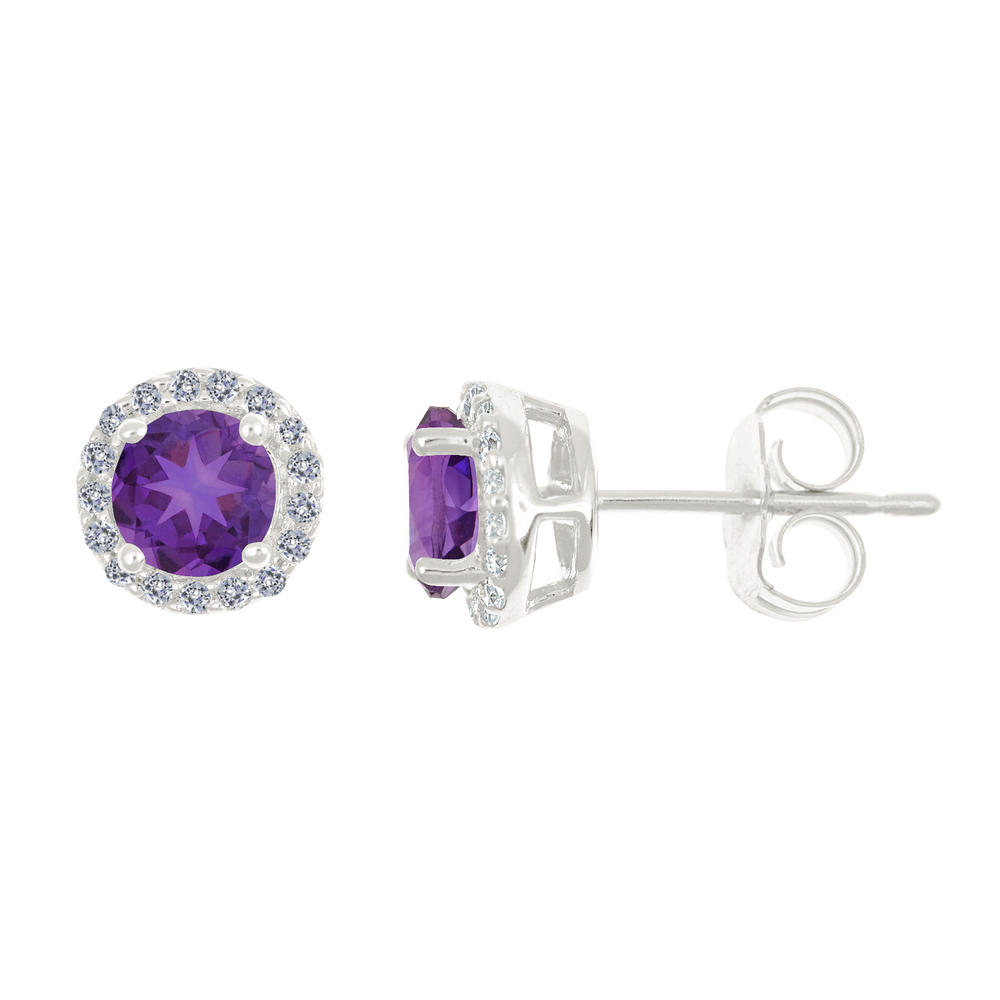 New York City Diamond District 14k gold 5mm round amethyst with 1/6 cttw diamond halo earrings