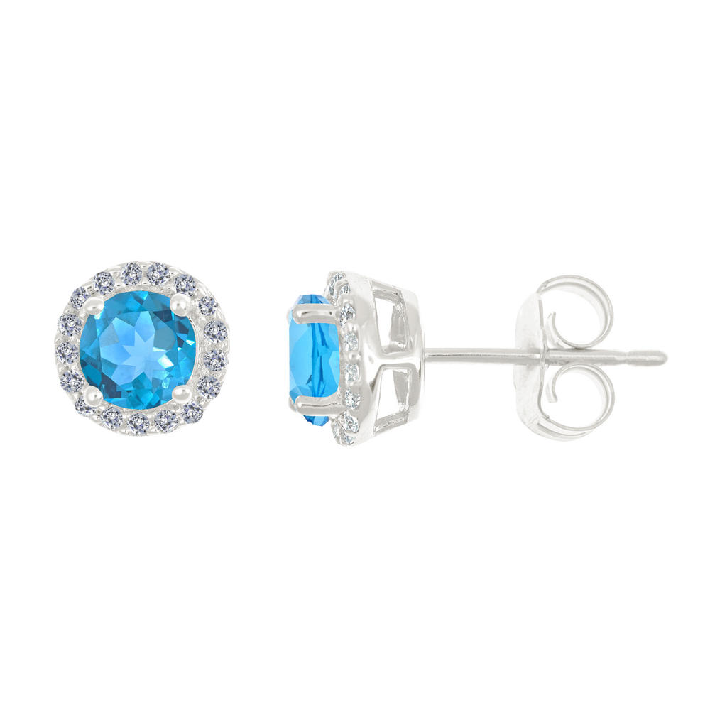 New York City Diamond District 14k gold 5mm round blue topaz with 1/6 cttw diamond halo earrings