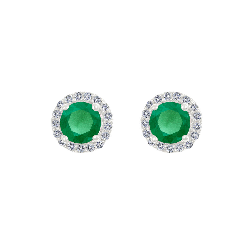 New York City Diamond District 14k gold 5mm round emerald with 1/6 cttw diamond halo earrings