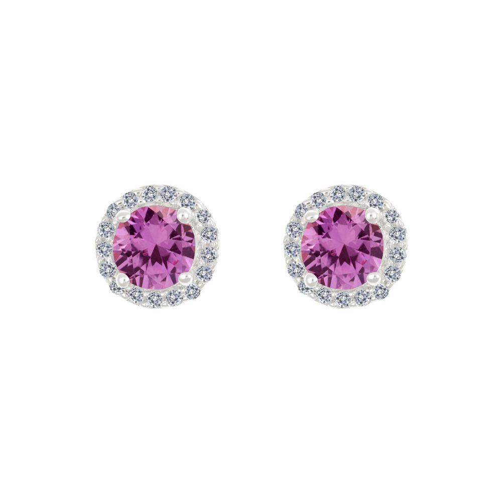 New York City Diamond District 14k gold 5mm round pink sapphire with 1/6 cttw diamond halo earrings