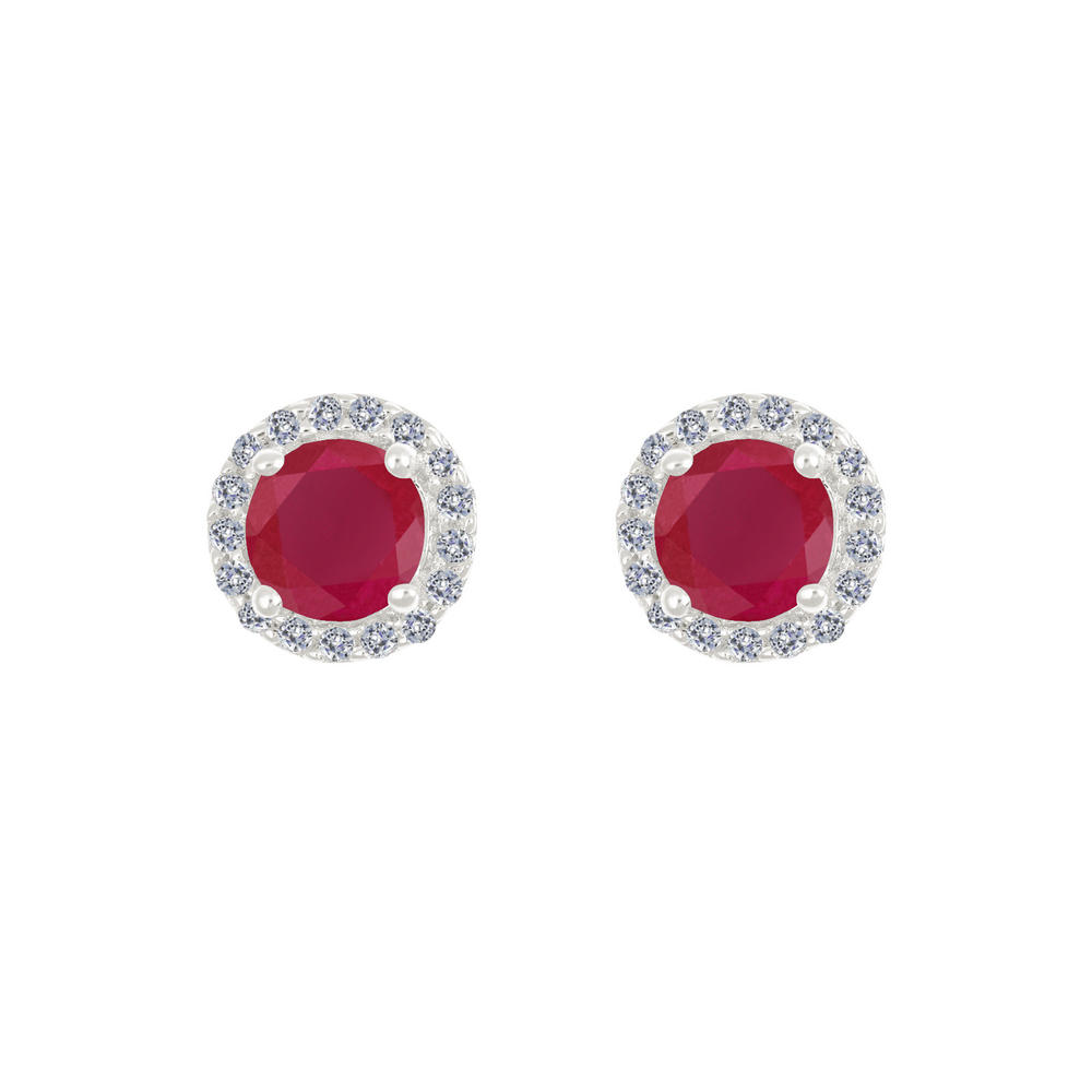 New York City Diamond District 14k gold 5mm round ruby with 1/6 cttw diamond halo earrings